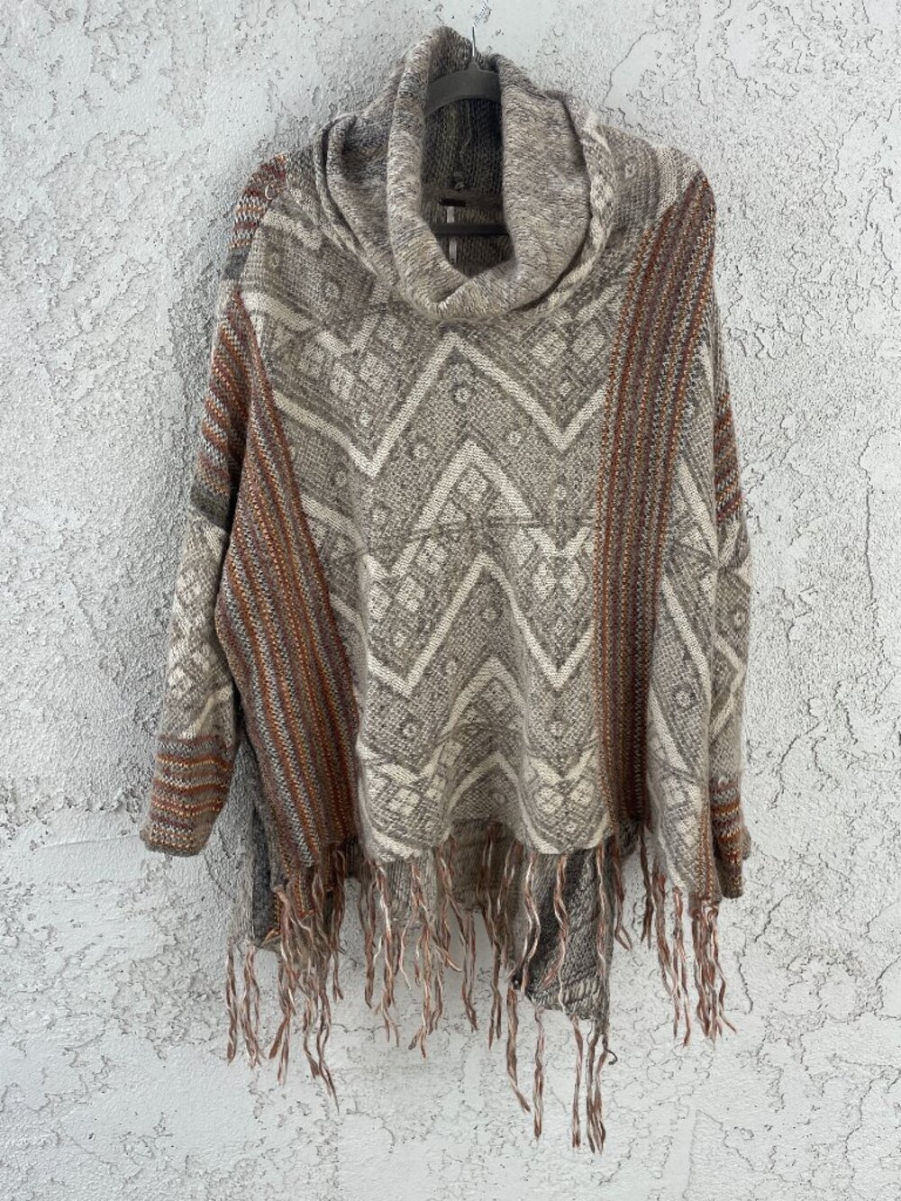 Free People Sweater Medium Alpaca Mohair Blend Cowl Neck Fringe Poncho Bohemian